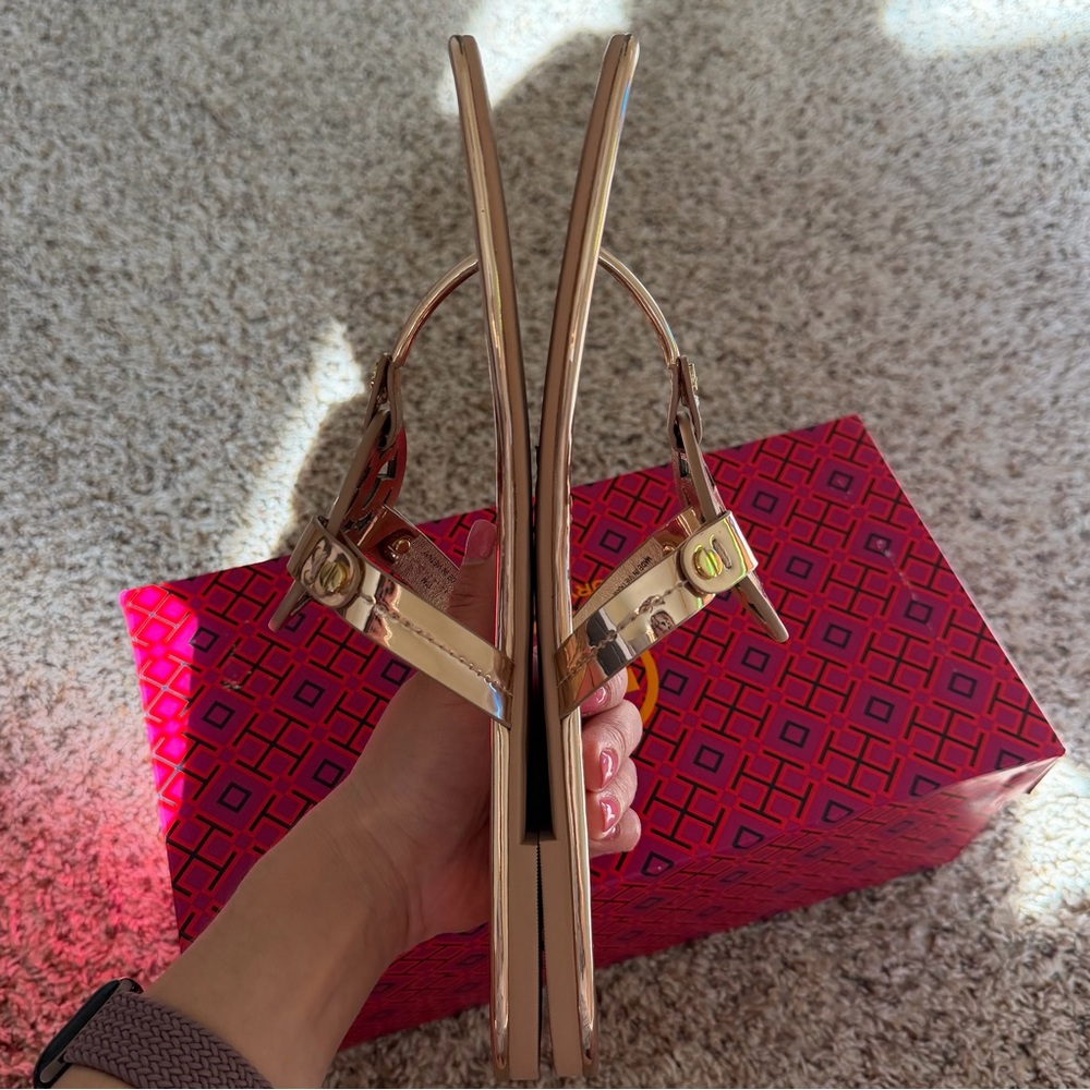 Tory Burch Rose Gold Mirrored Metallic Patent Leather Miller Sandal - Picture 6 of 13